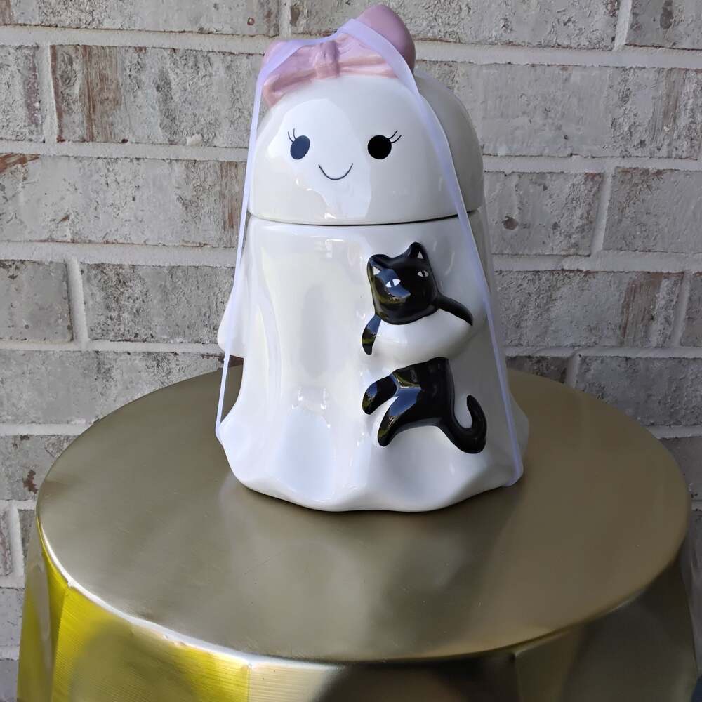 Ceramic Ghost Holding Black Cat Cookie Jar with Pink Bow